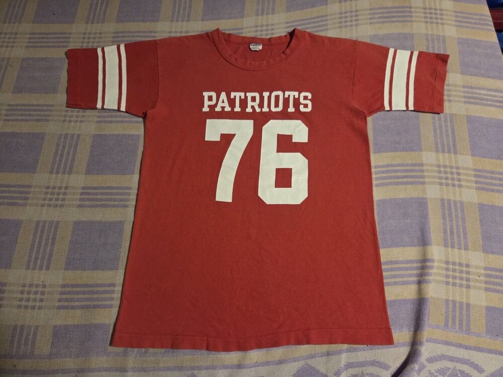 Vintage 70s Patriots Football T Shirt Champion Blue Bar Cotton Striped 76 Large